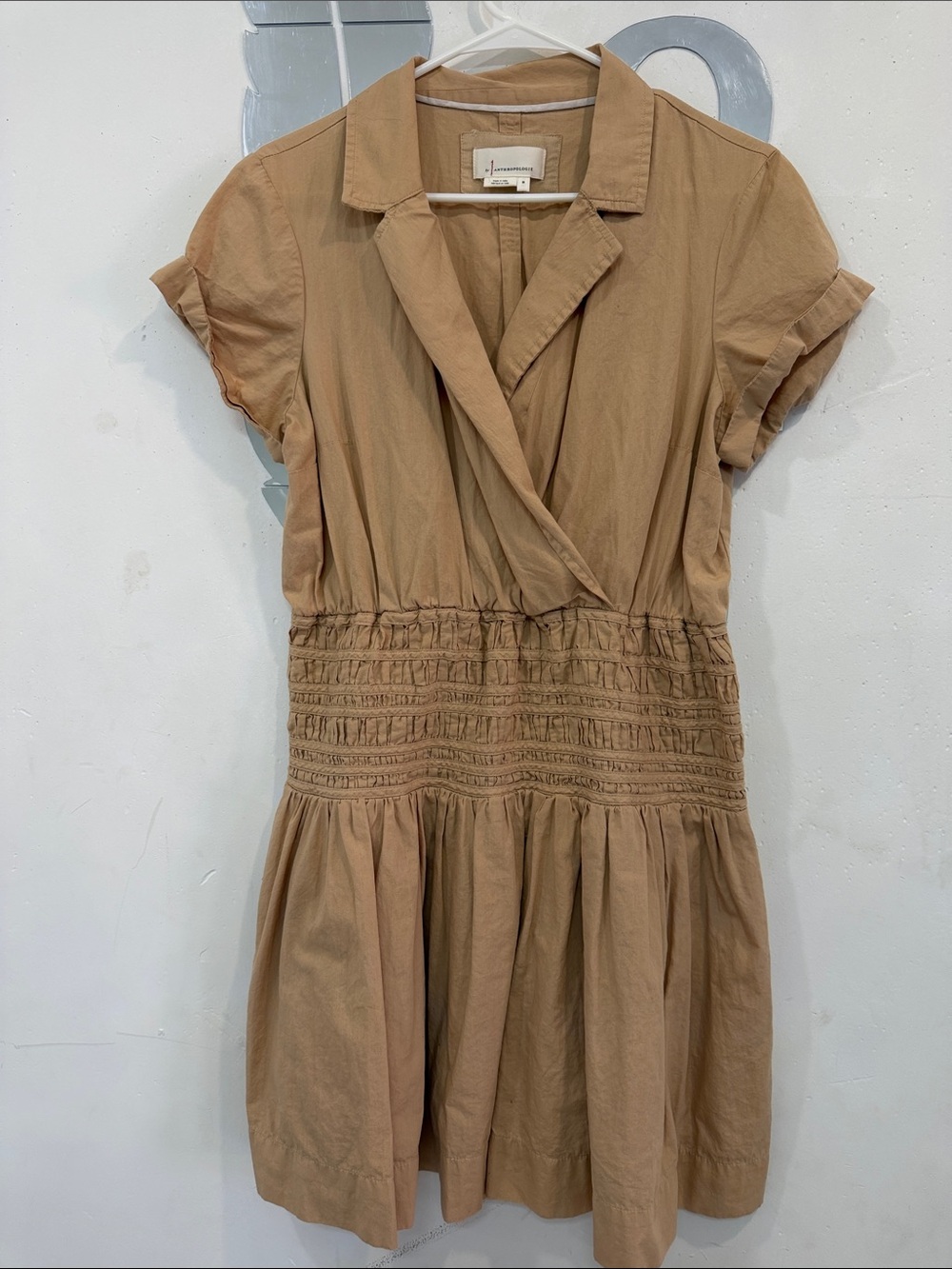 Light Brown Short Sleeve Shirred Waist Dress